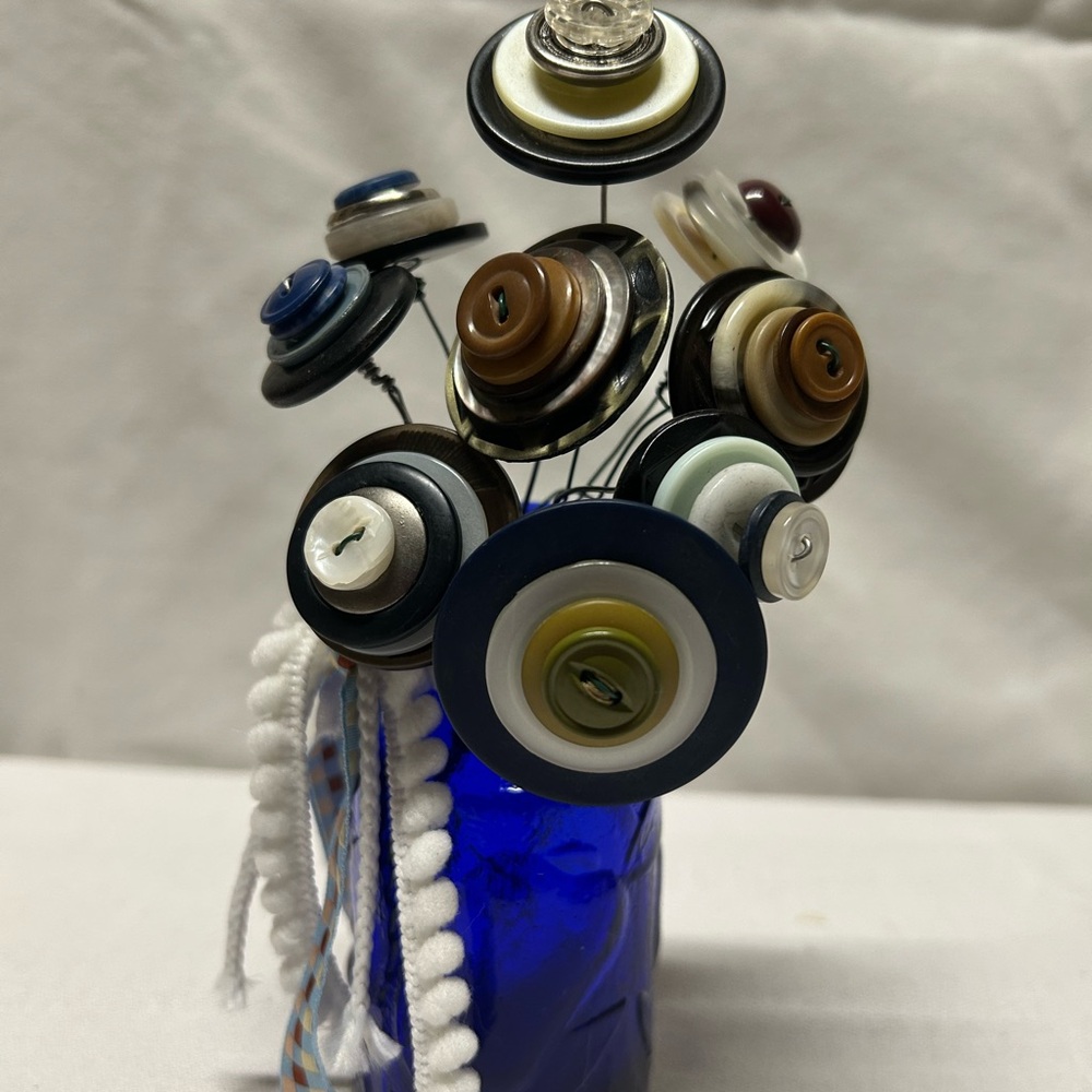 Button Bouquet in Cobalt Blue Embossed Jar/Vase